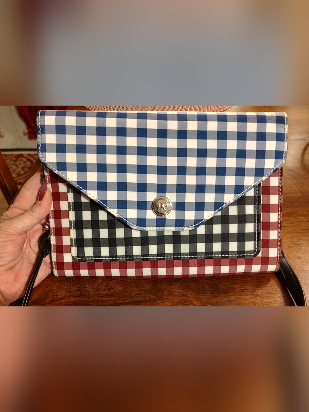 Gingham Colorblock Crossbody Bag - Blue, Black & Burgundy
